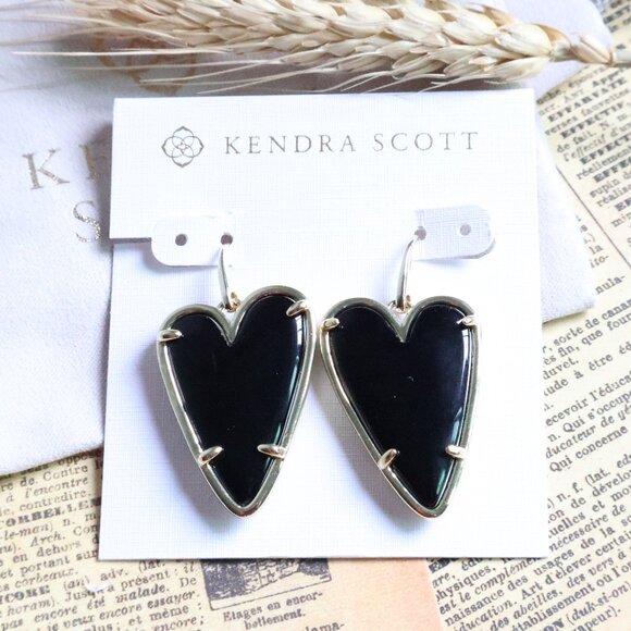 Kendra Scott Gold Black Obsidian Earrings - Ansley Heart - Picture 1 of 2